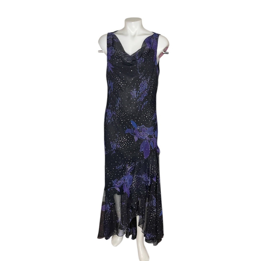 JESSICA HOWARD Black Sleeveless Gown Purple Floral Glitter Embellish Cowl Neck
